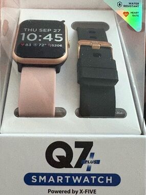 Q7 Plus Smartwatch in Rose Gold with Pink and Black Bands NEW Fitness tracker.